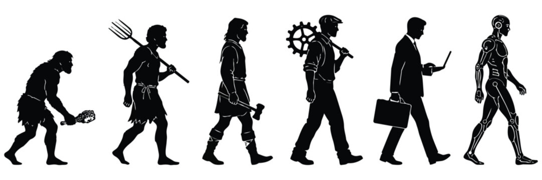 A black silhouette illustration depicting human evolution from ancient times to modern age
