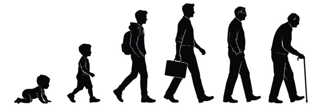 Silhouette illustration of human life stages from baby to old age
