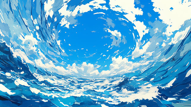  美しい海と空のアニメ水彩画風イラスト　AI生成画像