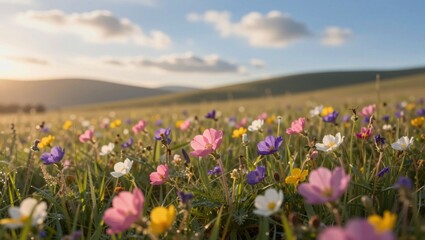 Obraz premium Wildflower meadow blooming on rolling hills at sunset golden light in springtime