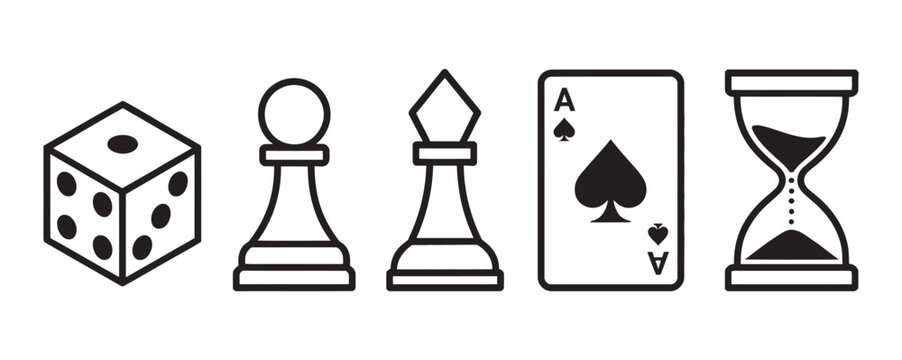 Board Game Icon Set, Black and White Hand Drawn Vector with Dice, Chess Pawn, Meeple Character, Playing Card, Hourglass Gaming Symbols