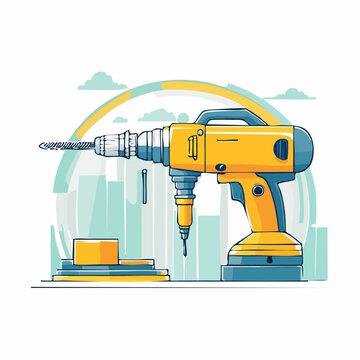Yellow Cordless Drill with Drill Bits and Building Background