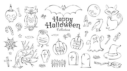 ハロウィンの線画セット 手書きのペン画風の白黒イラスト © soo.
