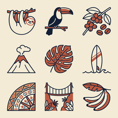 Obraz premium Tropical travel icons set featuring nature and cultural elements vector illustration