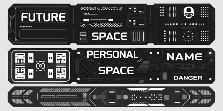 futuristic ticket and badge set with y2k design elements