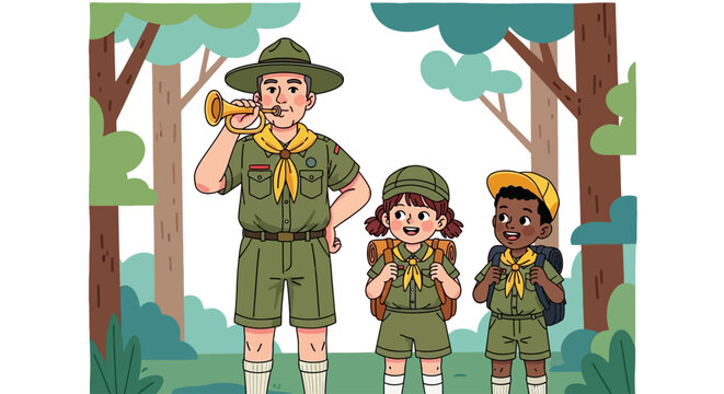 Scout, Boy Scout, Girl Scout, Scouting, Vector, Illustration, Kids, Children, Forest, Nature, Outdoors, Adventure, Exploration, Green Uniform, Hats, Backpack, Horn, Diverse, Group