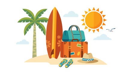 Obraz premium Colorful beach vacation essentials including surfboard and luggage by palm tree