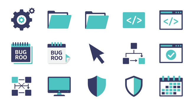 Teal and navy blue coding, software, and technology icons set, 13 vector graphics for developers and programmers