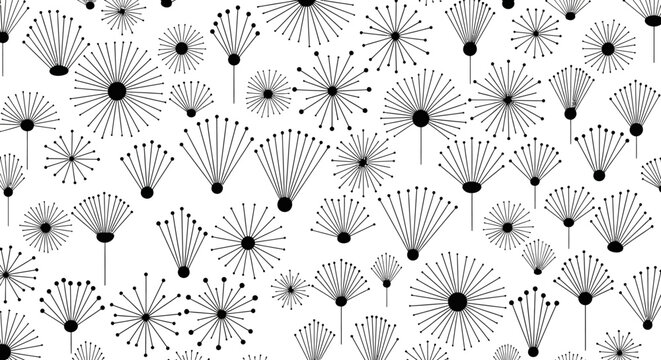 Black and white dandelion flowers, floral pattern, botanical design, vector illustration, seamless background