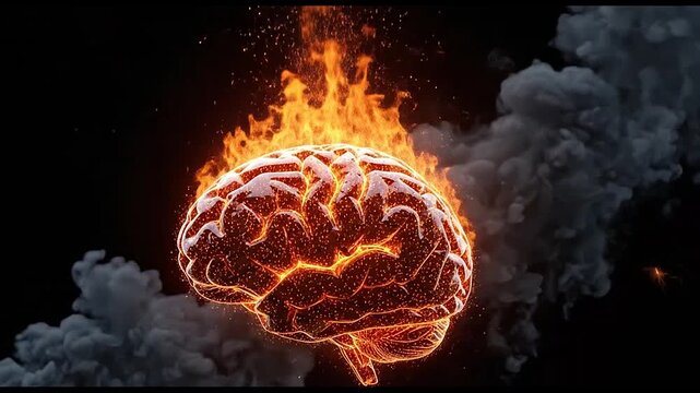 Human brain on fire with sparks and dark smoke