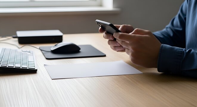 Person using smartphone at desk with computer peripherals and paper