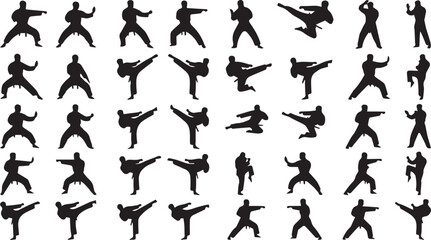 Martial arts karate silhouette collection featuring fighting stances high kicks and combat action vector set © MdMijanur