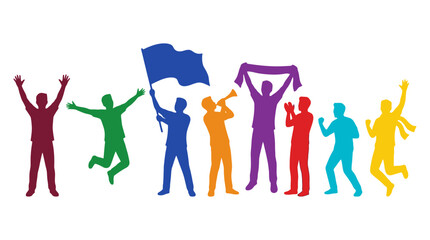 Obraz premium Colorful Football Fan Silhouettes Cheering With Flag Horn And Scarf Flat Vector Illustration