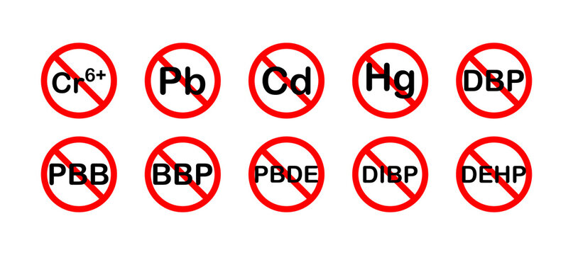 Vector illustration of a product containing no lead, mercury, cadmium, hexavalent chromium (Cr6), PBB, polybrominated PBDE, and other controlled substances, in accordance with RoHS Compliant standards