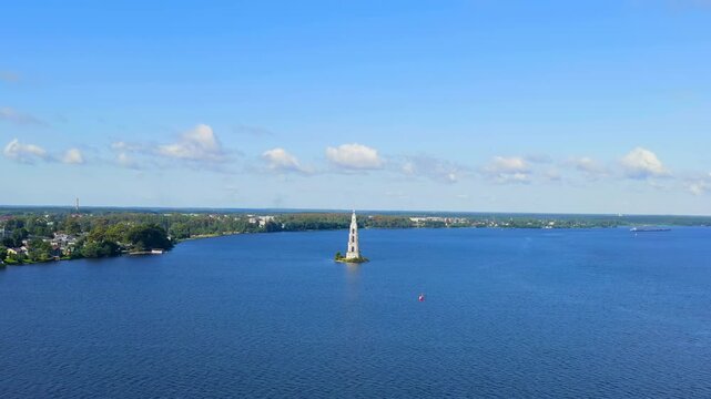 Kalyazin, Russia. Kalyazin bell tower. Bell tower of St. Nicholas Cathedral (known as the flooded bell tower). Drone footage
