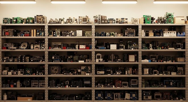 A comprehensive display of vintage computer hardware and electronic components organized neatly on shelves, showcasing the evolution of technology