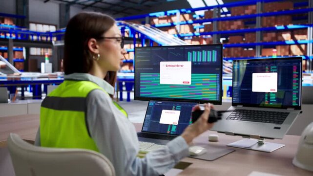 Logistics Manager Urgently Checks Laptop For Critical Error