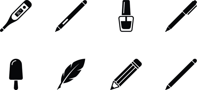 Collection of writing instruments and icons against a white background with clean lines