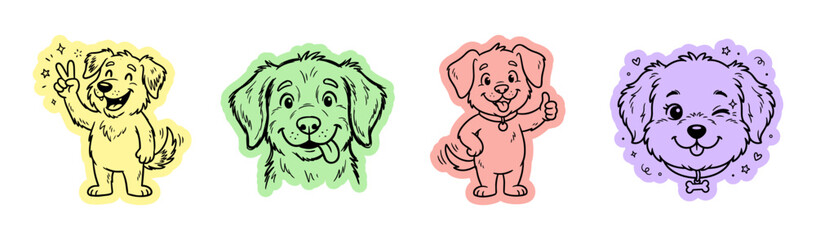 Fototapeta premium Cute Cartoon Dog Sticker Pack, Hand Drawn Line Art Puppies with Funny Expressions on Pastel Backgrounds