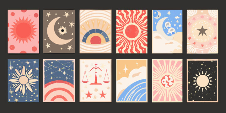 tarot card set with celestial and sun moon designs vector illustration