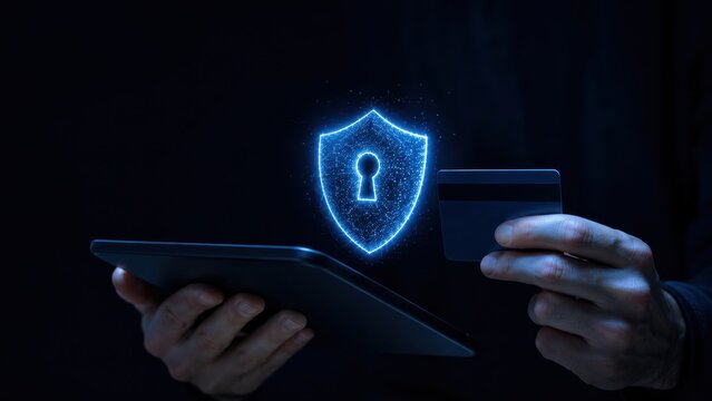 Digital security concept with glowing shield icon over hands holding tablet and credit card.