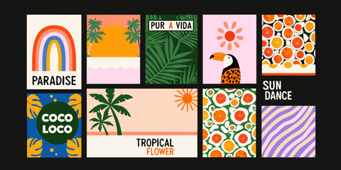 Obraz premium tropical poster set with palm trees citrus fruits and retro typography