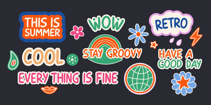 retro summer sticker set colorful hand drawn typography and illustrations
