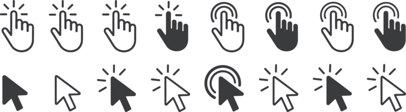 Collection of digital cursor icons representing mouse pointers and hand cursors for web and interface design