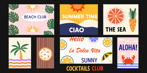 Tropical summer posters with palm leaves citrus fruits and beach themes © Dilip