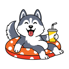 Happy husky dog on inflatable raft with drink © AxisVector