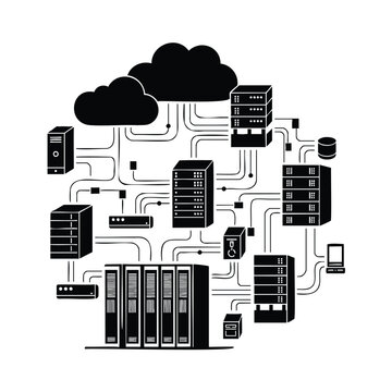 Data server farm network infrastructure connection graphic on white style.