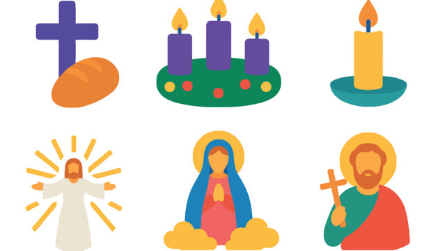 Christian, Easter, Holy Week, vector icons, religious symbols, cross, angel, virgin mary, jesus christ, easter candle