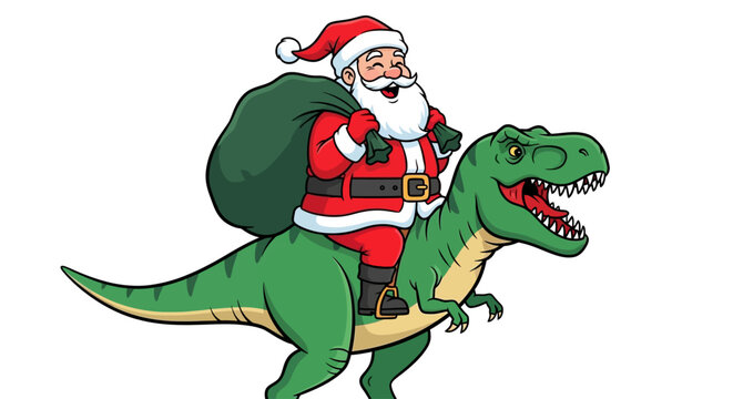 Fun, cartoon Santa Claus riding T-Rex dinosaur, Christmas vector illustration, holiday design element, festive icon