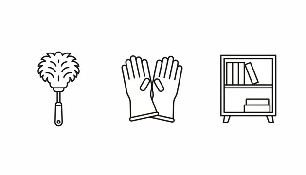 Cleaning icons, feather duster, glove, bookcase, minimalistic line art, black and white, 3 vector graphics