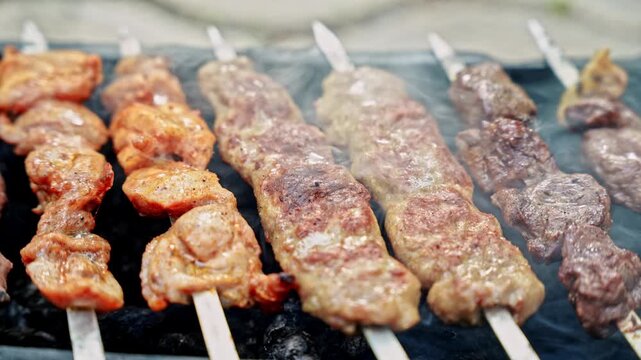 Juicy Uzbek shashlik and lula kebab of lamb, beef, and chicken smoking over hot charcoal in brazier. Close up of traditional grilled meat on skewers outdoors.