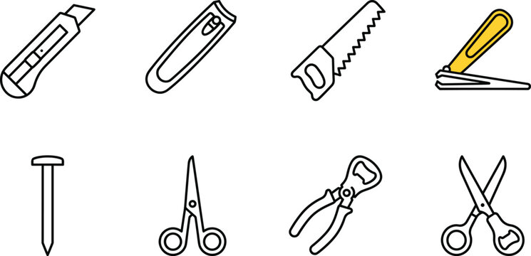 Collection of common household tools and implements on a white background vector illustration