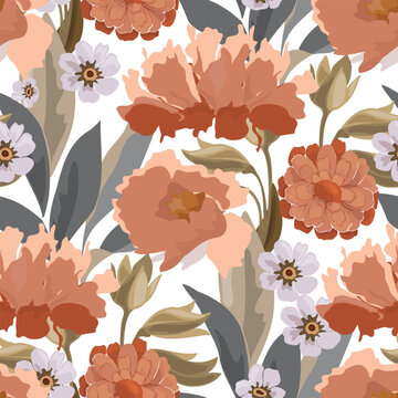 Vector floral seamless pattern with peonies and zinnias