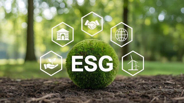 Conceptual representation of ESG principles with digital icons surrounding a moss ball on soil, symbolizing sustainable corporate responsibility and environmental stewardship