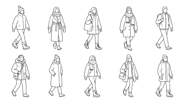 Minimalist line art people in winter clothes, set of 10 walking figures in outerwear, black and white vector illustrations of people in coats and hats