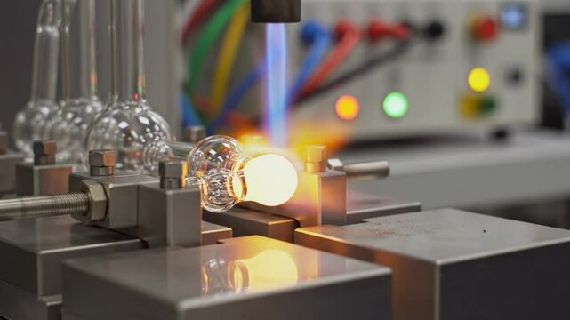 Glassblowing Process: Transforming Molten Glass with Heat into a Unique Bulb Shape in a Factory Setting