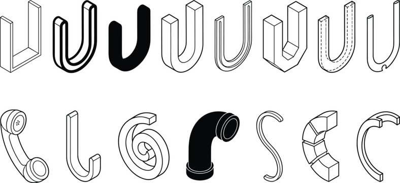 Abstract shapes and pipe fittings in isometric 3D perspective with clean white background for design