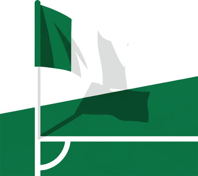 A minimalist top-down perspective of a soccer field corner flag fluttering in the wind, sharp geometric shapes of the pitch lines, large white space, emerald green and crisp white colors,