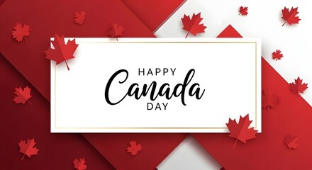 Fototapeta premium Happy canada day banner with paper cut style red maple leaves and geometric background