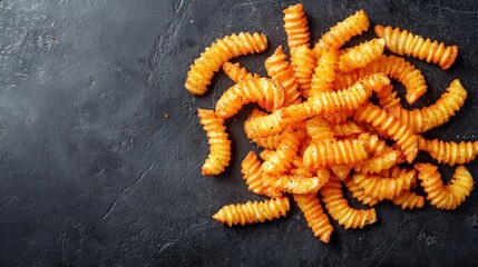 Naklejka premium Golden crinkle fries with wavy ridged texture scattered on dark slate surface featuring premium seasoning and crispy finish for gourmet fast food presentation