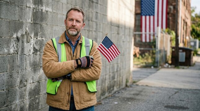 Construction worker with american flag urban alleyway portrait