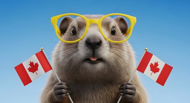A cute groundhog wearing yellow glasses holding two canadian flags against a blue sky background