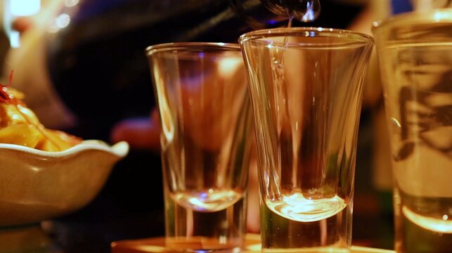 Pouring Clear Japanese Sake into Small Glasses at a Tokyo Izakaya