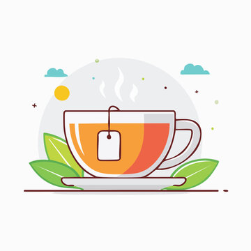 Flat illustration of a cup of tea with a tea bag and steam
