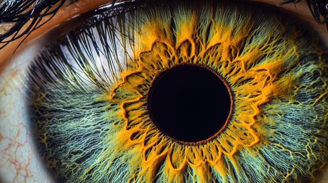 Iris melanin patterns macro photography green pigment distribution natural radial formations around pupil corneal surface crystal-clear detail reflections