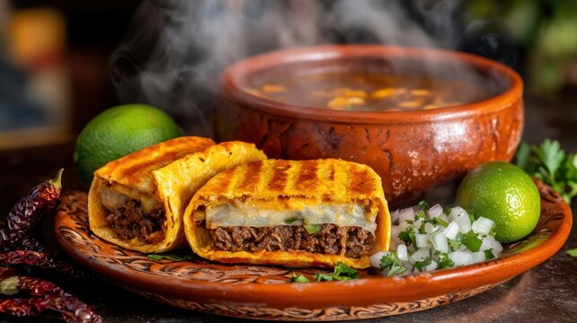 Authentic birria tacos consomme served on traditional Mexican clay plate with tender shredded beef, melted cheese and rich aromatic dipping broth